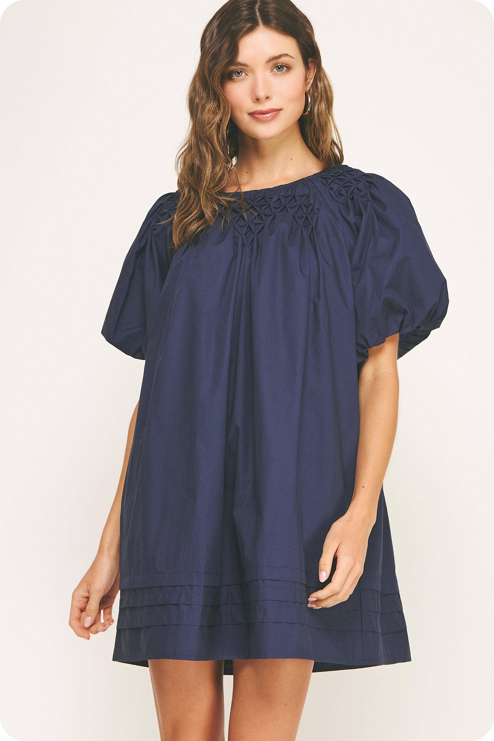 Hannah Puff Sleeve Mini Dress-Navy