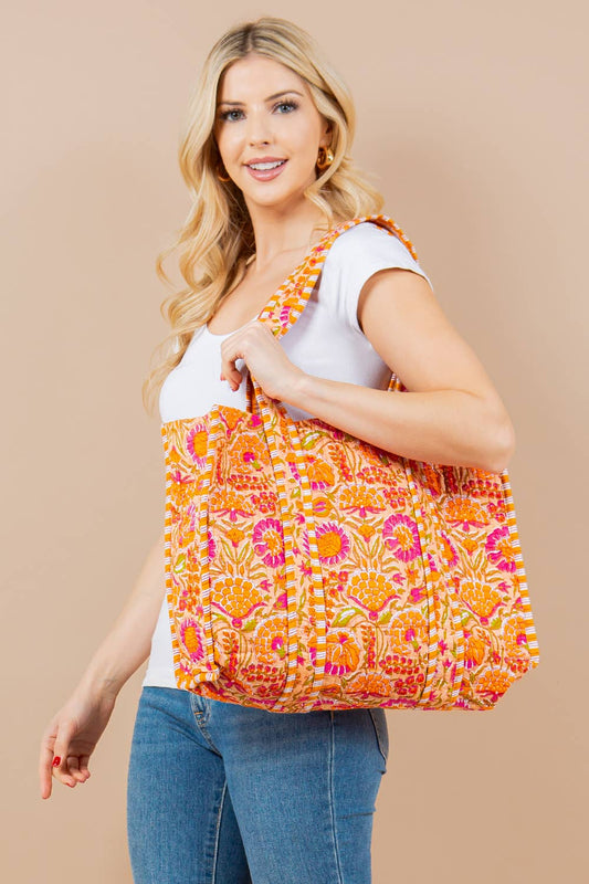 Quilted Reversible Tote Bag - Orange/Pink