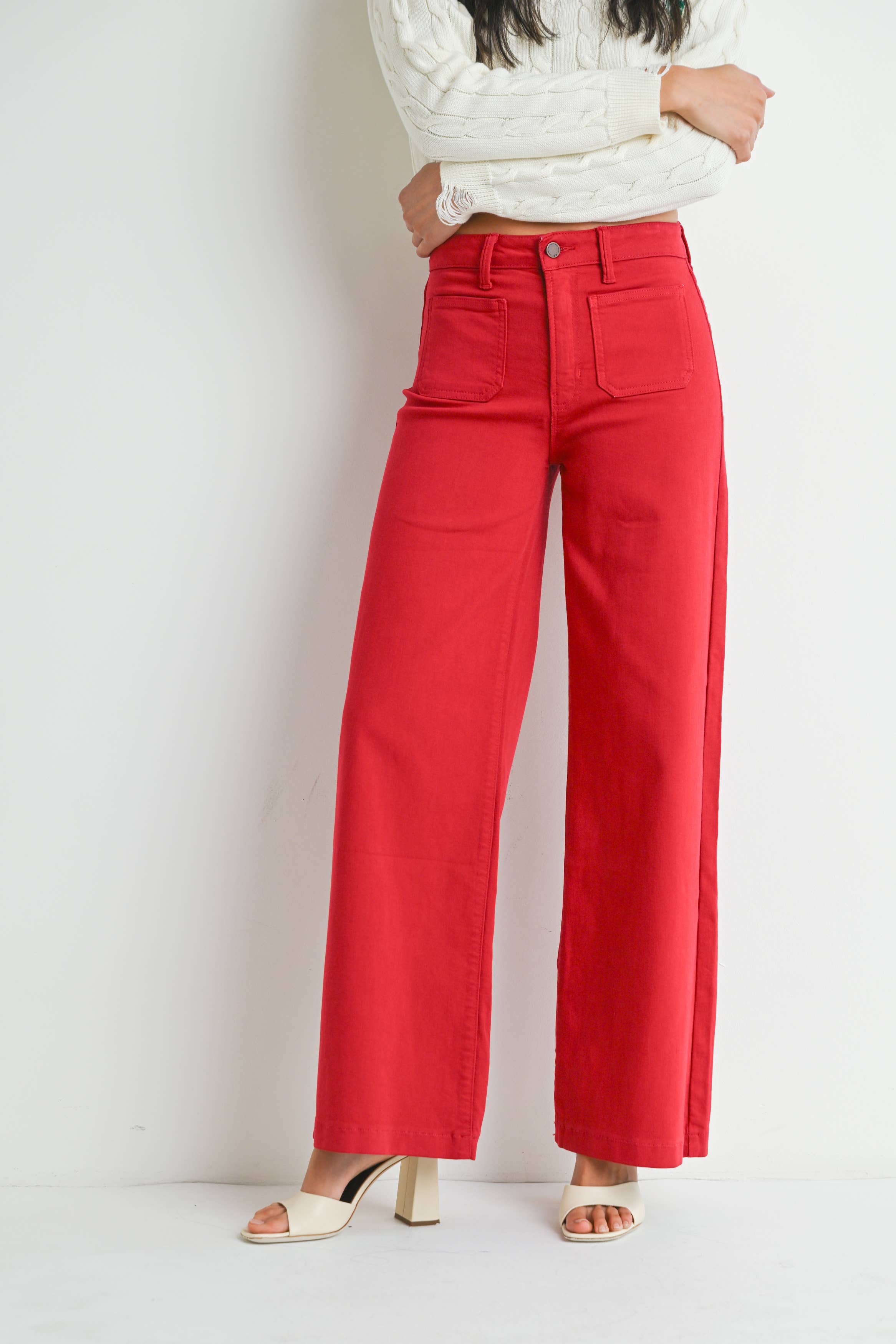 Mini Patch Pocket Wide Leg Pants - Red