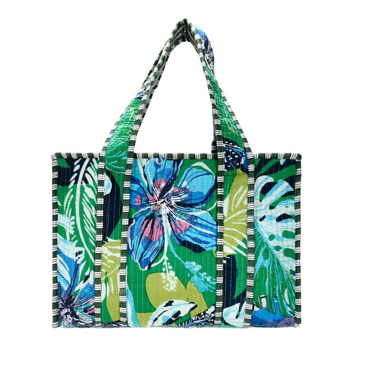 Cotton Block Print Tote Bag - Green and Blue