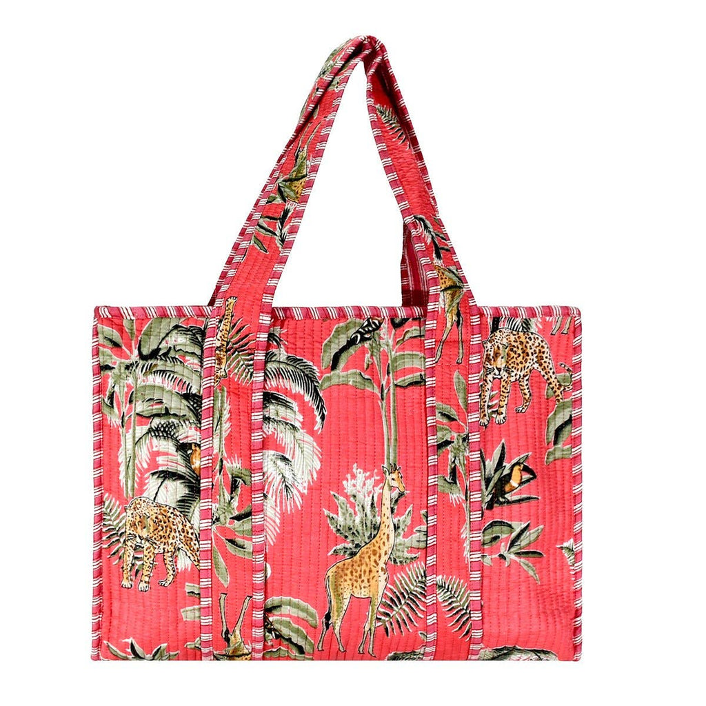 Cotton Block Print Tote Bag - Coral