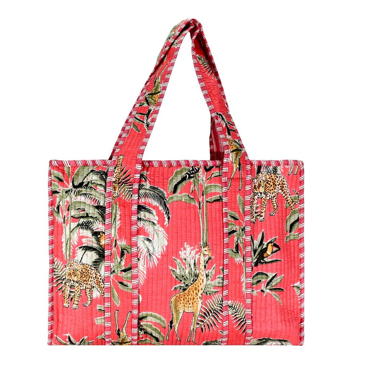 Cotton Block Print Tote Bag - Coral