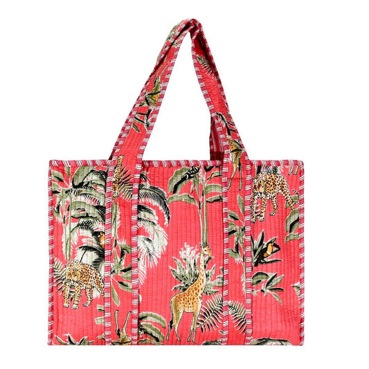 Cotton Block Print Tote Bag - Coral