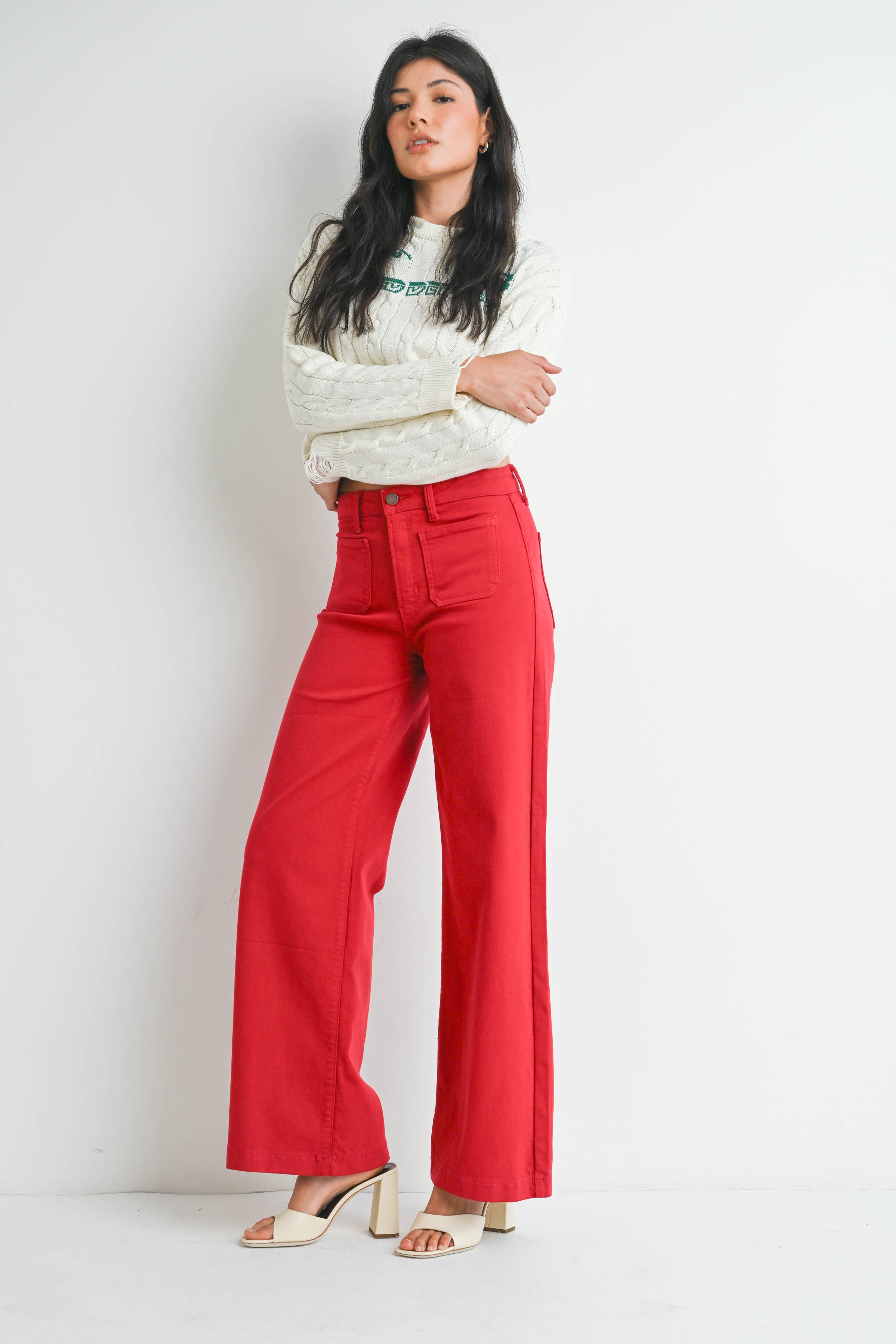Mini Patch Pocket Wide Leg Pants - Red